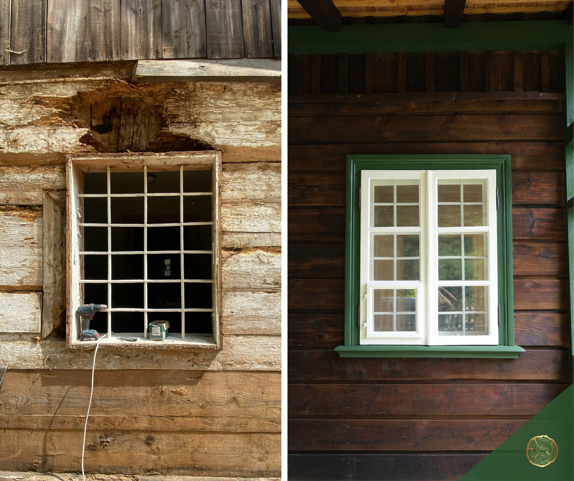 Porównanie stanu okna przed i po renowacji: zniszczona drewniana rama z ubytkami i nowa, pomalowana na biało z zielonym obramowaniem, osadzona w ciemnym drewnianym budynku.