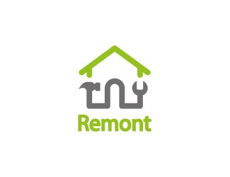 Logo firmy remontowej: stylizowany dom z zielonym dachem, młotkiem i kluczem francuskim wkomponowanymi w szary kontur; zielony napis 'Remont'.