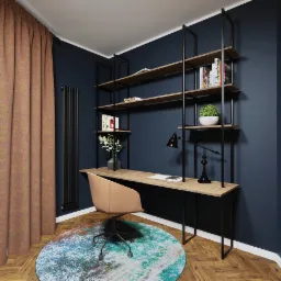 Nowoczesne biuro domowe z ciemnoniebieskimi ścianami, drewnianym biurkiem z czarnymi nogami, regałem z książkami i roślinami, beżowym krzesłem na okrągłym dywanie w odcieniach błękitu i brązu...