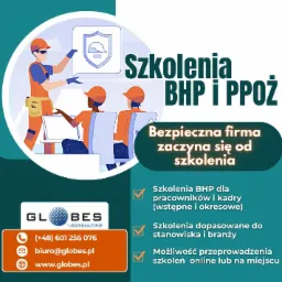 Grafika reklamowa przedstawiająca szkolenia z zakresu bezpieczeństwa i higieny pracy oraz ochrony przeciwpożarowej, z ilustracją instruktora i kursantów przed laptopem, hasłem 'Bezpieczna firma...