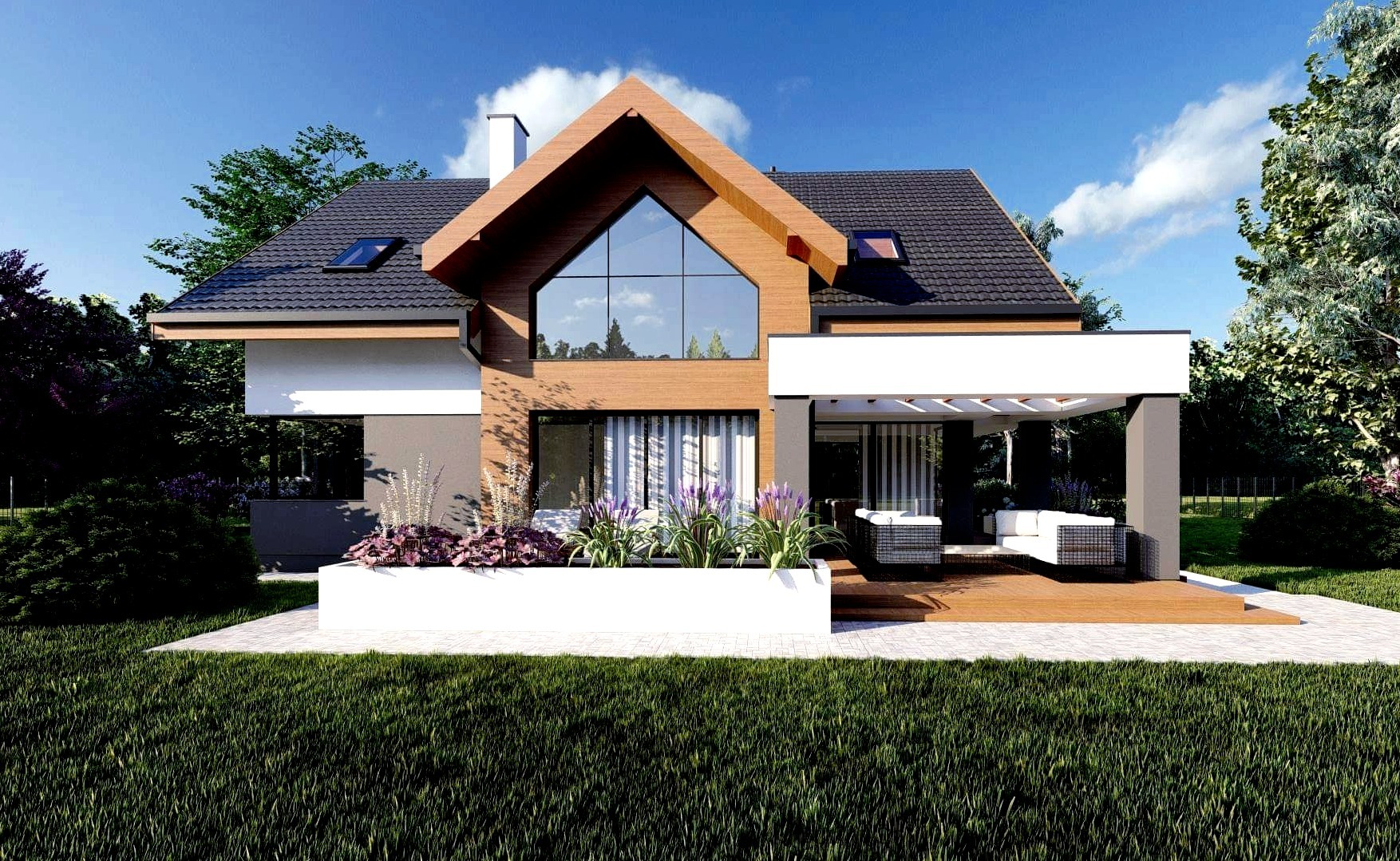 Wizualizacja domu jednorodzinnego z drewnianą elewacją, dużym trójkątnym oknem w szczycie i tarasem z meblami ogrodowymi, otoczona zielenią.