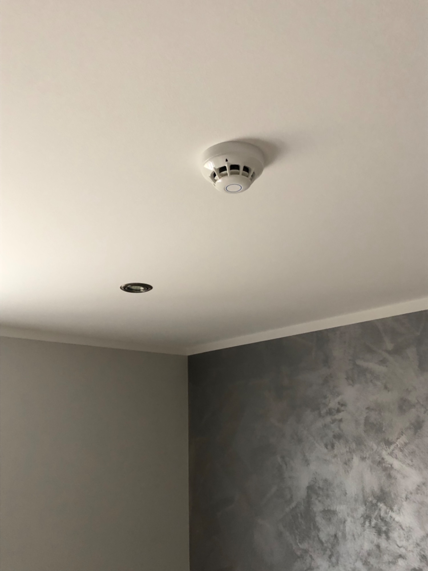 Zamontowany czujnik dymu na białym suficie, widoczne również oczko halogenowe i dekoracyjna ściana w odcieniach szarości.