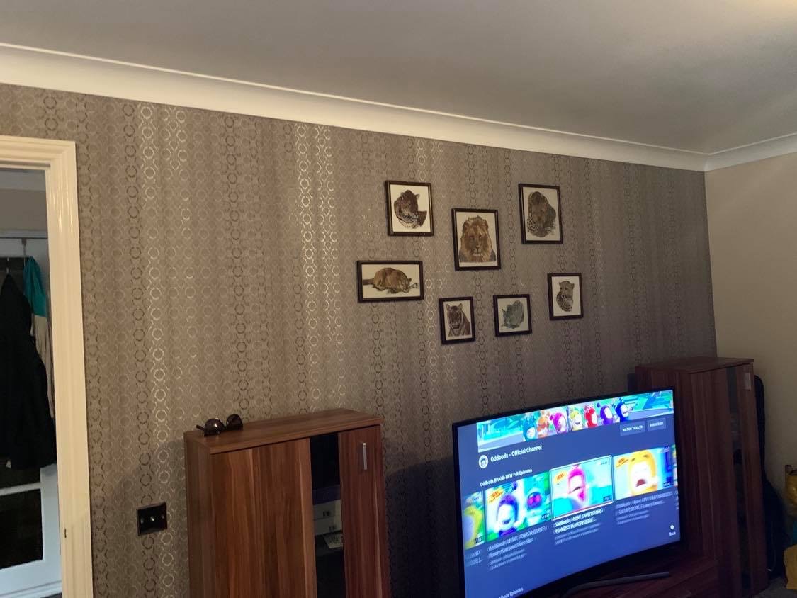 Ściana z tapetą w geometryczny wzór, ozdobiona ramkami ze zwierzętami, brązowa szafka z okularami na górze, telewizor włączony, widoczny fragment drzwi z ubraniami.