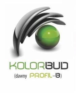 Logo firmy KOLORBUD z Kielc, dawniej PROFIL-B, przedstawiające stylizowaną srebrną konstrukcję nad zieloną kulą.