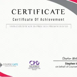 Elegancki certyfikat ukończenia kursu z logo CourseGate i CPD Member, z imieniem Stephen Wolf, ozdobiony czerwono-szarymi elementami graficznymi w rogach.