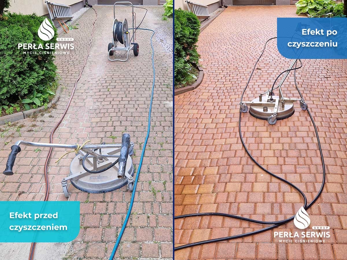 Porównanie kostki brukowej przed i po czyszczeniu ciśnieniowym. Po lewej stronie widoczny sprzęt do mycia, po prawej efekt czyszczenia, z logo firmy w obu częściach.