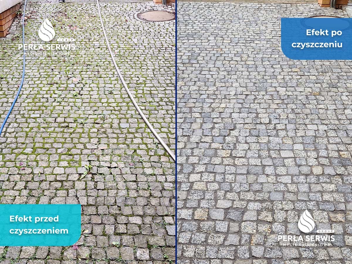 Porównanie kostki brukowej przed i po czyszczeniu ciśnieniowym; po lewej stronie kostka porośnięta mchem, po prawej wyczyszczona, logo firmy Perła Serwis w rogach.