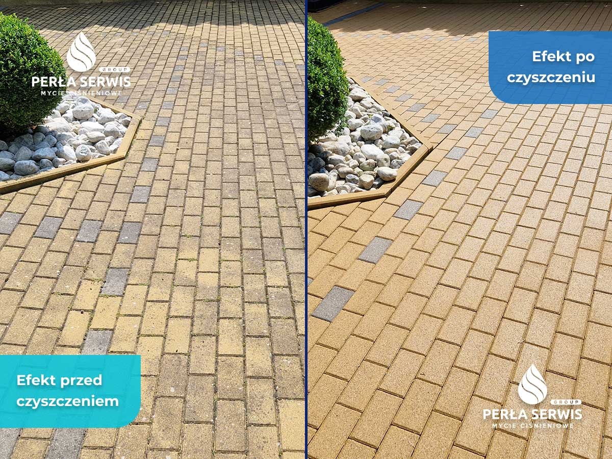 Porównanie kostki brukowej przed i po czyszczeniu ciśnieniowym, z widocznym efektem odświeżenia koloru i usunięcia zabrudzeń, obok rabata z kamieniami i krzewem.