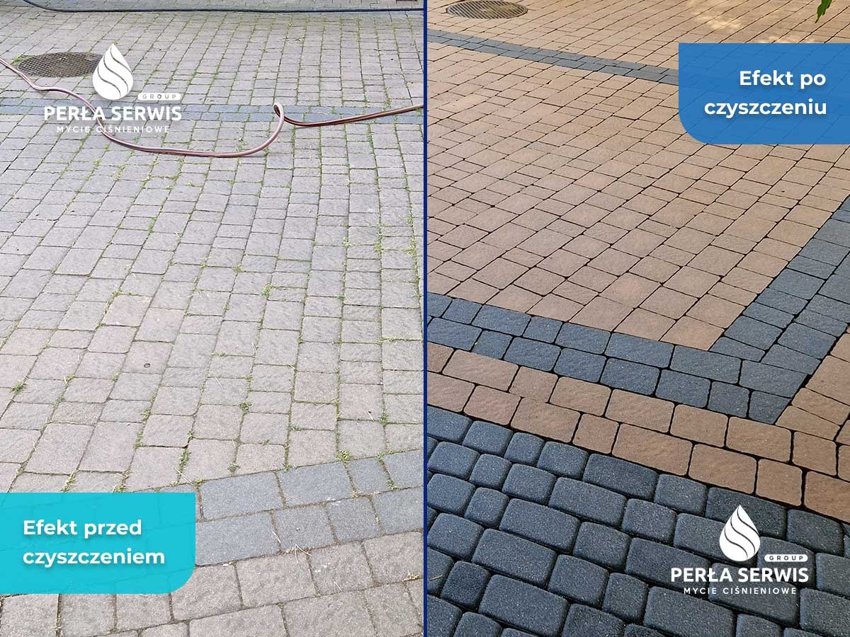 Porównanie kostki brukowej przed i po czyszczeniu: po lewej stronie zabrudzona kostka z widocznymi chwastami, po prawej czysta, odświeżona kostka brukowa w różnych odcieniach brązu i szarości.