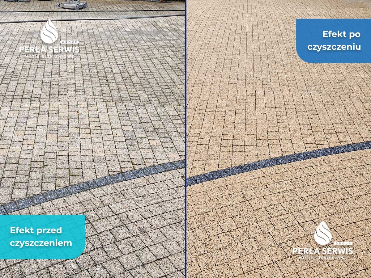 Kostka brukowa przed i po czyszczeniu, widoczne różnice w kolorze i czystości, logo firmy Perła Serwis w obu częściach zdjęcia.