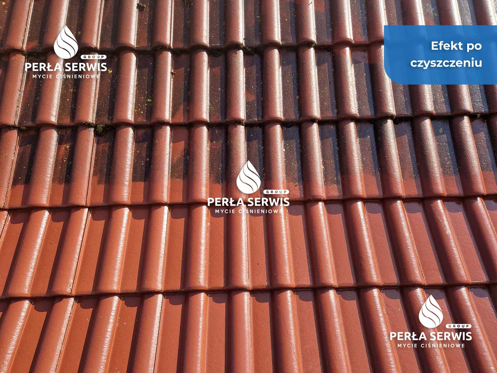 Częściowo wyczyszczona dachówka ceramiczna w odcieniach czerwieni, widoczny efekt czyszczenia ciśnieniowego, logo firmy w rogach kadru.