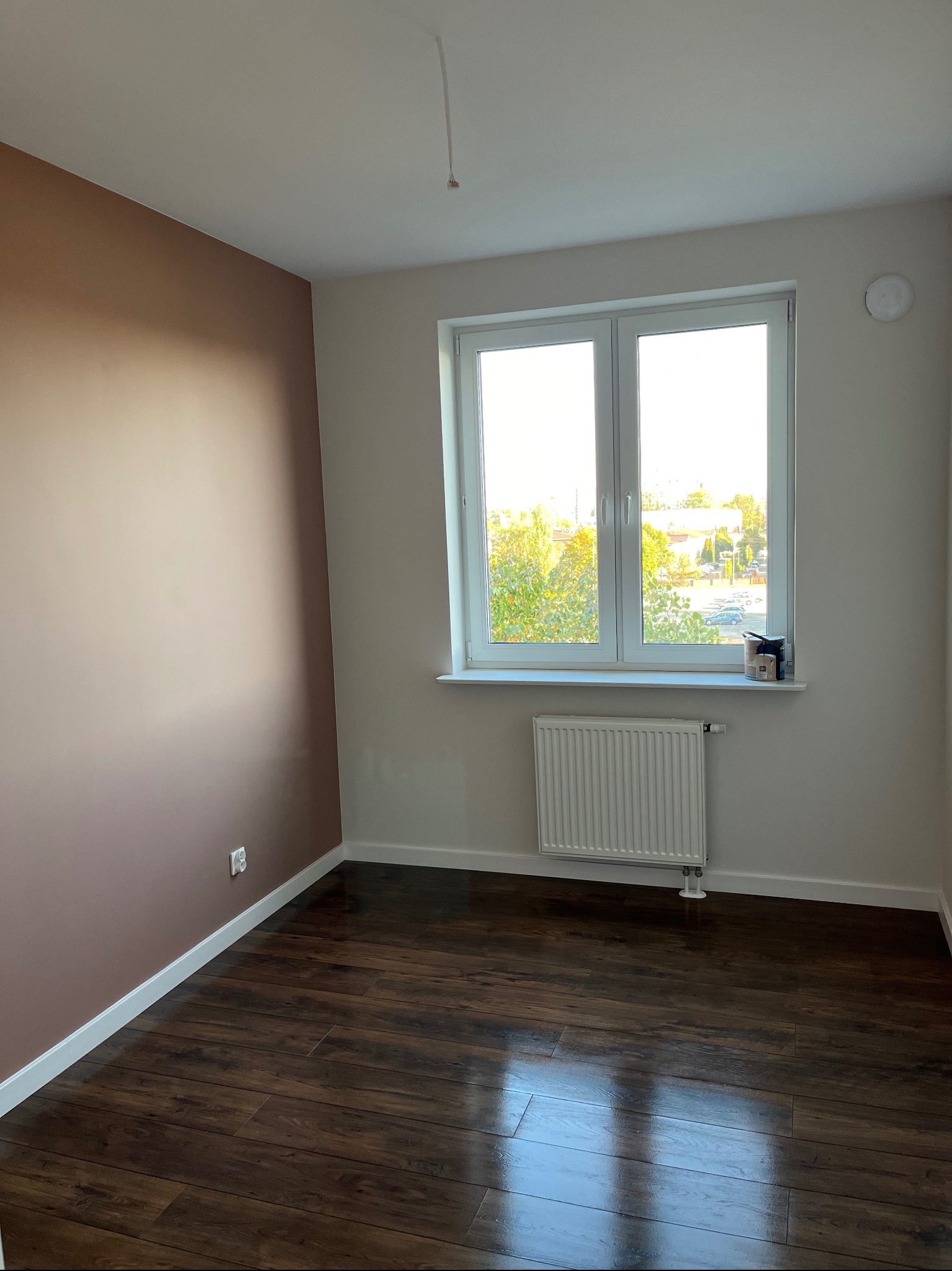 Pokój po remoncie: ściana pomalowana na kolor terakoty, widoczne drewniane panele podłogowe, białe okno z widokiem na zieleń, biały grzejnik i puszka z farbą na parapecie.