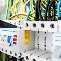 Elektryk testuje napięcie w skrzynce bezpiecznikowej Hager za pomocą próbnika; widoczne kolorowe przewody i elementy instalacji elektrycznej.