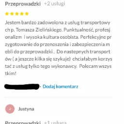 Opinie klientów Urszuli i Justyny o usłudze Przeprowadzki, z pięciogwiazdkową oceną punktualności i profesjonalizmu.