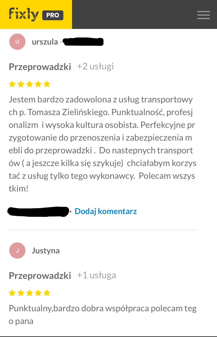Opinie klientów Urszuli i Justyny o usłudze Przeprowadzki, z pięciogwiazdkową oceną punktualności i profesjonalizmu.