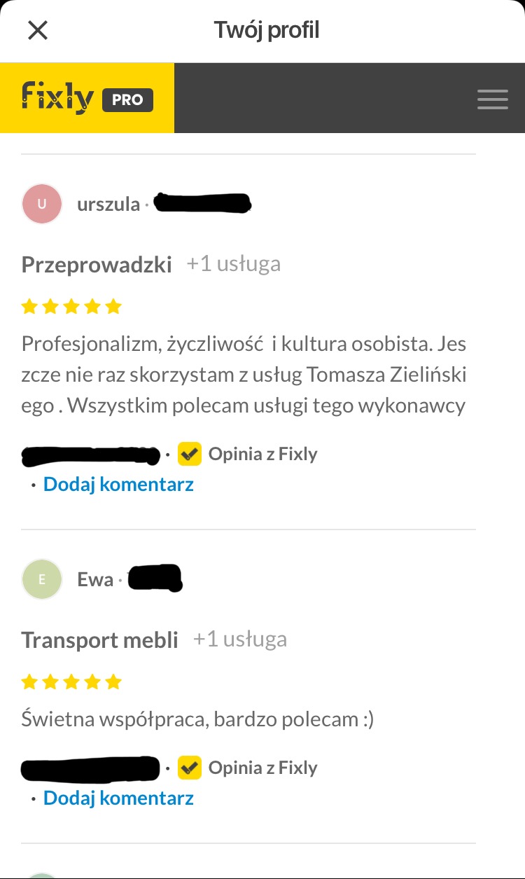 Zrzut ekranu z serwisu Fixly przedstawiający opinie użytkowników Urszuli o usłudze przeprowadzkowej i Ewy o transporcie mebli, obie z oceną pięciogwiazdkową.