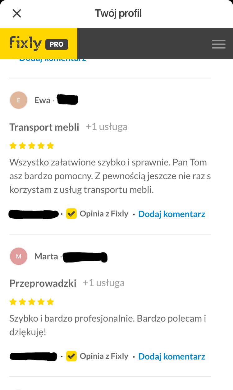 Zrzut ekranu z pozytywnymi opiniami klientów na platformie Fixly PRO dotyczącymi usług transportu mebli i przeprowadzek, z ocenami pięciogwiazdkowymi i komentarzami chwalącymi szybkość...