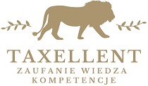 Logo firmy Taxellent: sylwetka lwa nad nazwą, podkreślona hasłem Zaufanie, Wiedza, Kompetencje, całość w stonowanej, beżowej kolorystyce.