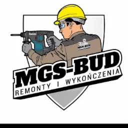 Grafika wektorowa przedstawiająca logo firmy MGS-BUD: Remonty i Wykończenia, z wizerunkiem pracownika w kasku i okularach ochronnych, używającego wiertarki udarowej Makita.