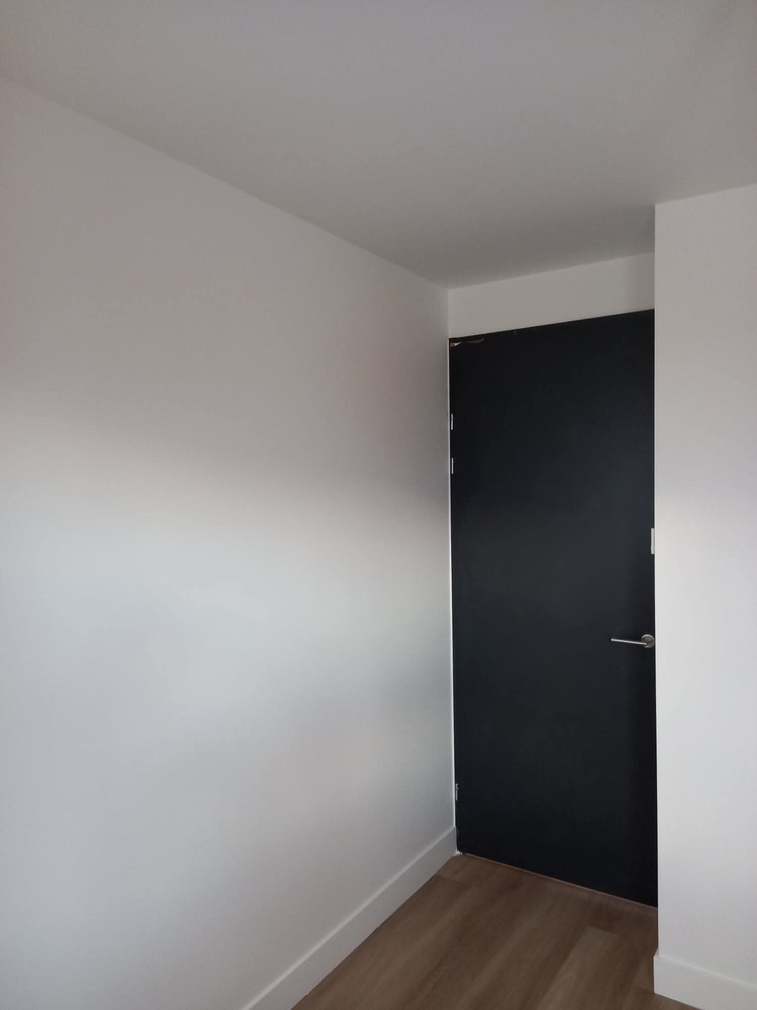 Minimalistyczne wnętrze: białe ściany, drewnopodobna podłoga i czarne drzwi z srebrną klamką. Widoczna listwa przypodłogowa.
