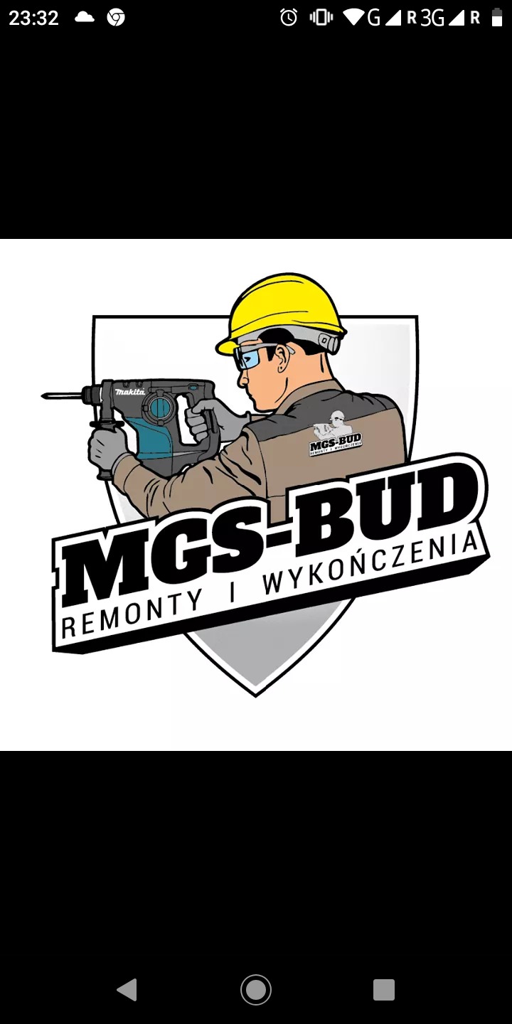 Grafika wektorowa przedstawiająca logo firmy MGS-BUD: Remonty i Wykończenia, z wizerunkiem pracownika w kasku i okularach ochronnych, używającego wiertarki udarowej Makita.