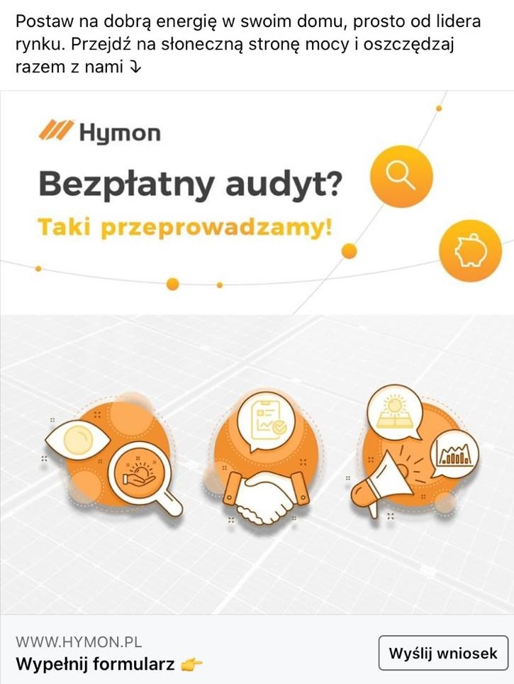 Grafika reklamowa firmy Hymon oferującej bezpłatny audyt w zakresie fotowoltaiki, z ikonami lupy, oka, uścisku dłoni i megafonu na tle paneli słonecznych.