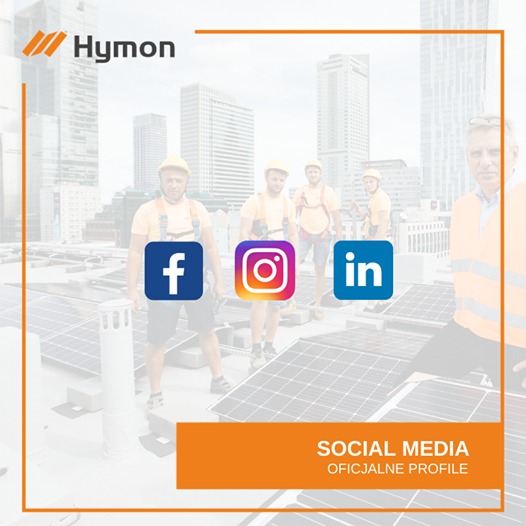 Grafika promująca profile firmy Hymon w mediach społecznościowych (Facebook, Instagram, LinkedIn) z widocznymi pracownikami w kaskach na tle instalacji fotowoltaicznej i miejskiego krajobrazu.