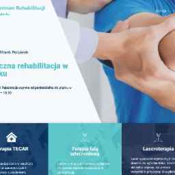 Fragment strony internetowej centrum rehabilitacji w Rybniku z widocznym zdjęciem dłoni terapeuty badającego łokieć pacjenta