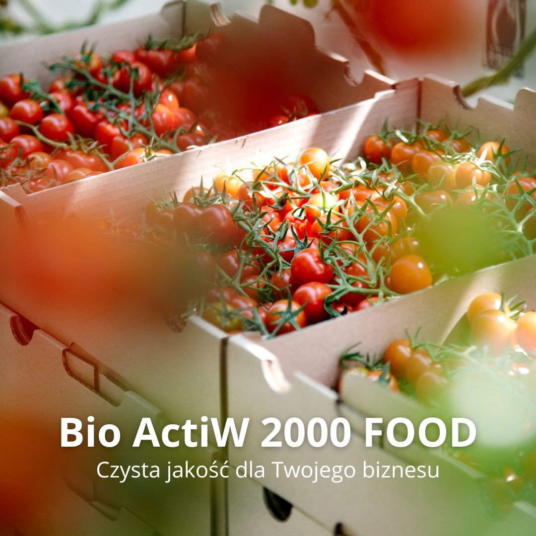 Skrzynki z pomidorami koktajlowymi na gałązkach, z widocznym logo 'Bio ActiW 2000 FOOD' i hasłem 'Czysta jakość dla Twojego biznesu'.
