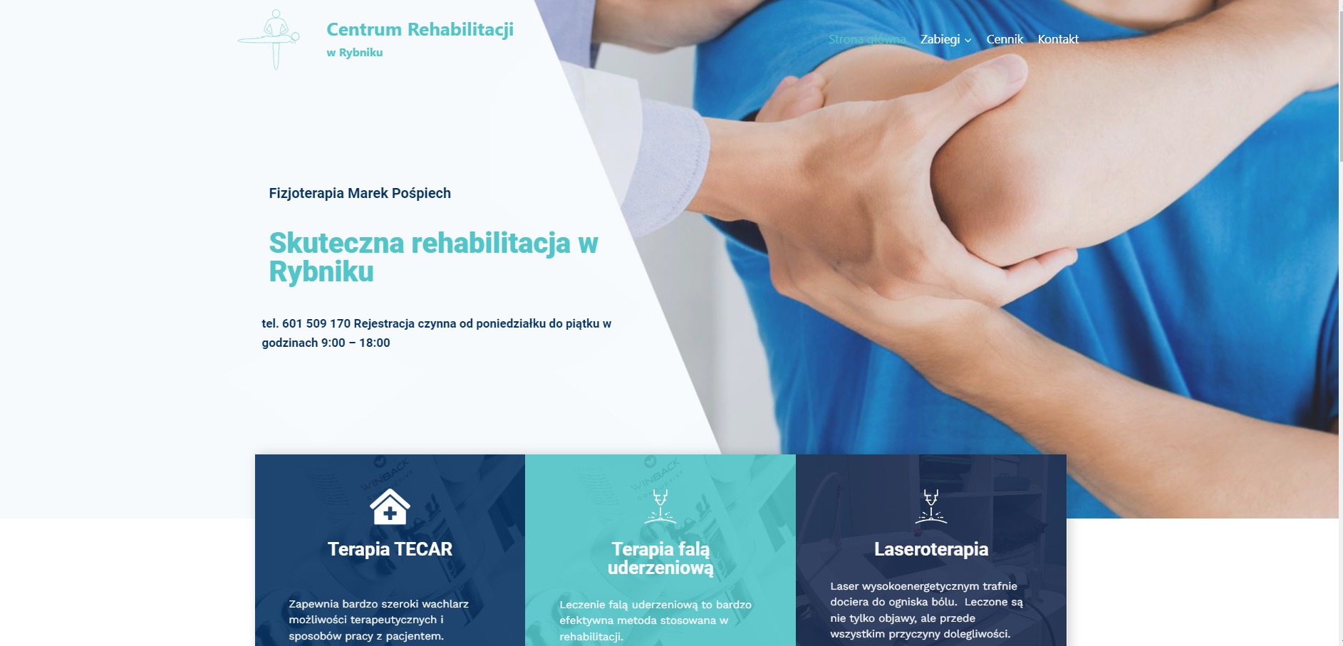 Fragment strony internetowej centrum rehabilitacji w Rybniku z widocznym zdjęciem dłoni terapeuty badającego łokieć pacjenta
