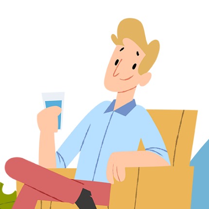 Ilustracja: Mężczyzna w Czechowicach-Dziedzicach siedzi w fotelu, trzymając szklankę wody. Stylizowana grafika wektorowa.