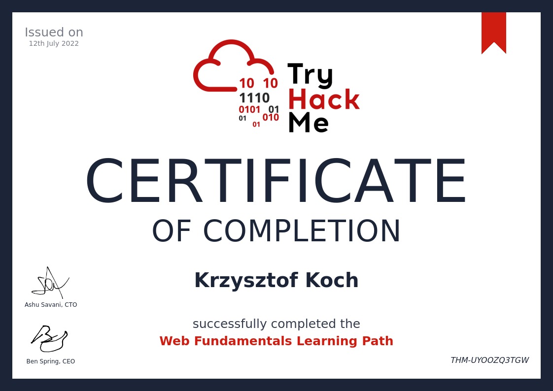 Certyfikat ukończenia kursu Web Fundamentals Learning Path przez Krzysztofa Kocha, wydany przez TryHackMe, z logo chmury i ciągami bitów.