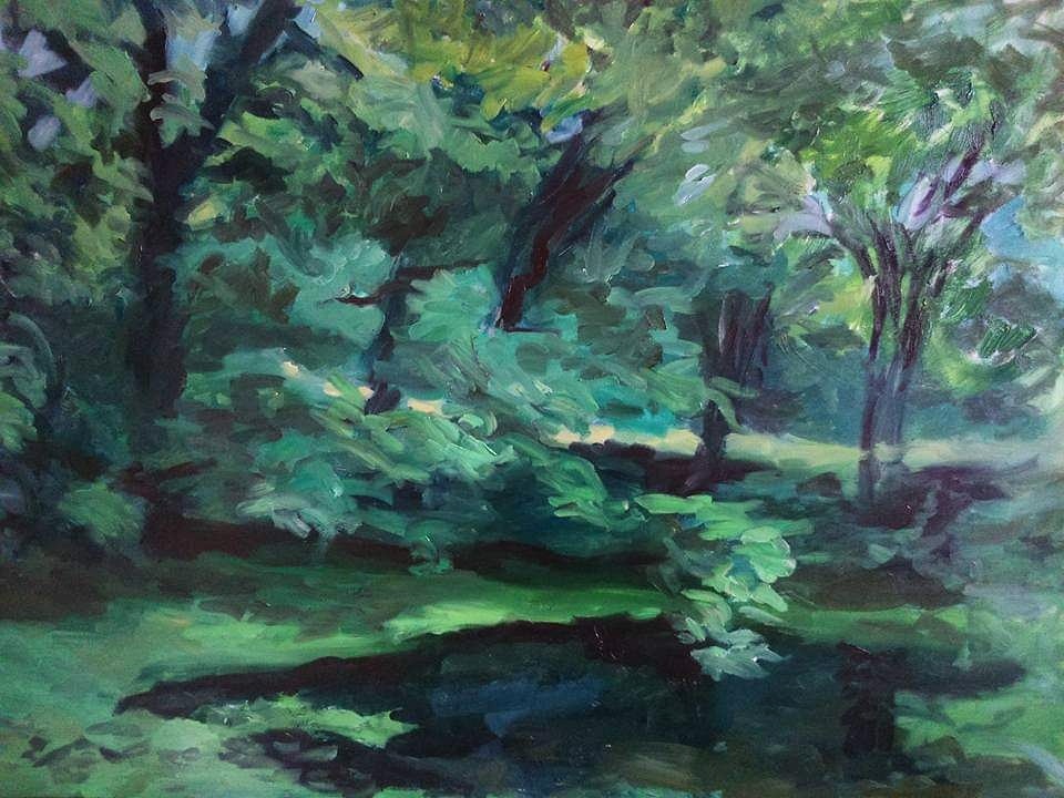 Pejzaż olejny przedstawiający fragment parku z gęstą zielenią, gdzie dominują różne odcienie zieleni i ciemne plamy cieni, sugerujące wodę lub mokrą ziemię, namalowany w impresjonistycznym stylu.
