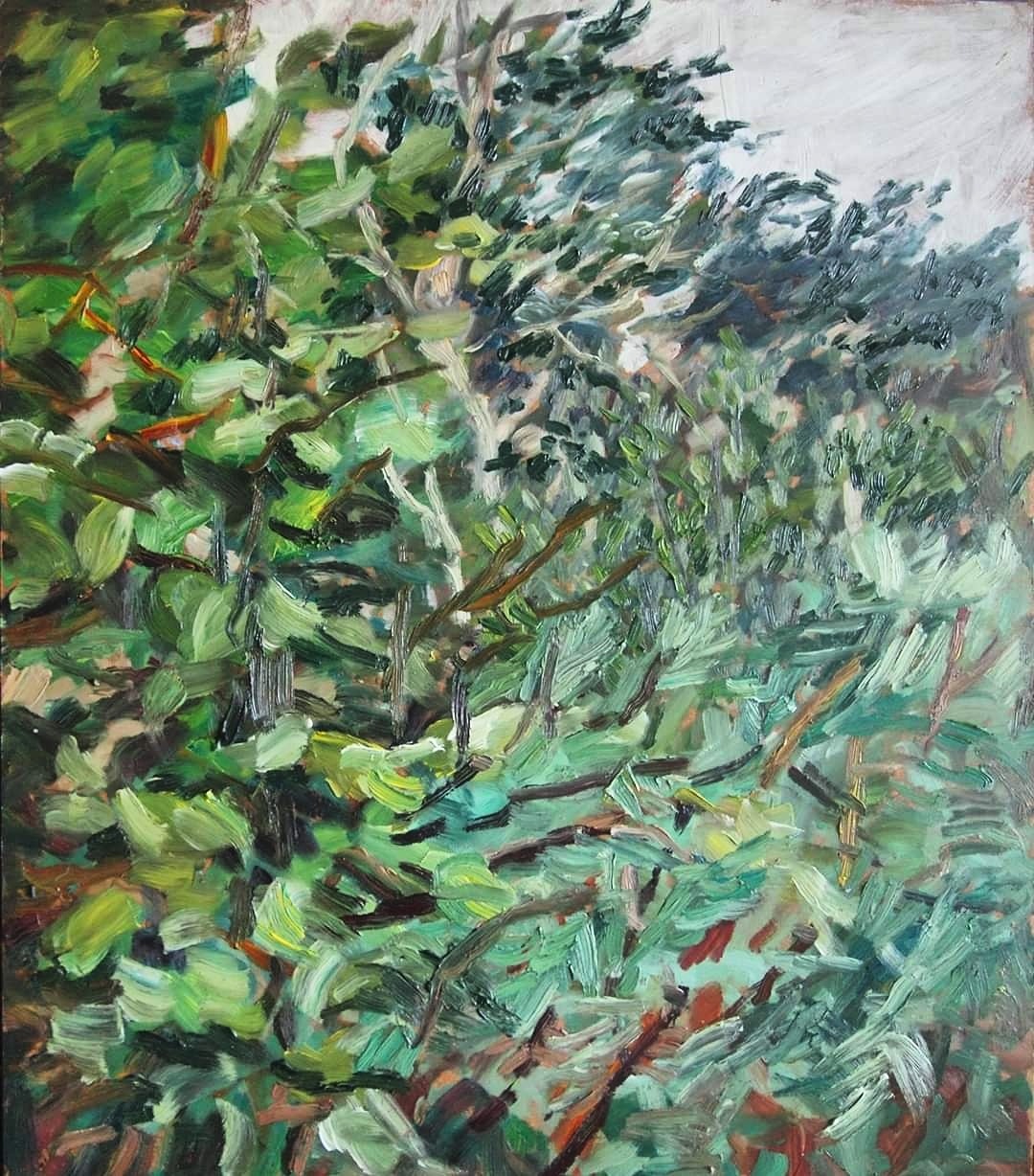 Olej na płycie przedstawiający widok z okna: gęstwina zieleni, drzewa i niebo w tle, malowane ekspresyjnymi pociągnięciami pędzla.