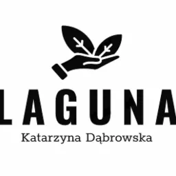 Logo firmy Laguna Katarzyna Dąbrowska: grafika dłoni trzymającej dwa liście nad napisem Laguna.