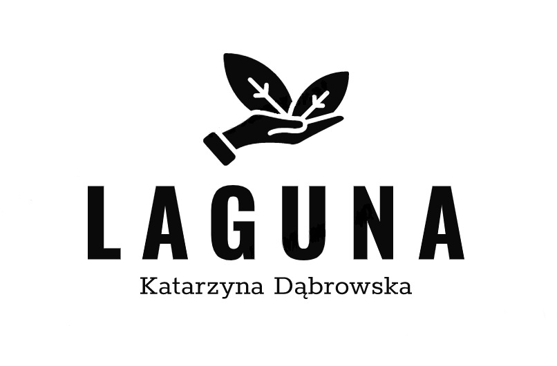 Logo firmy Laguna Katarzyna Dąbrowska: grafika dłoni trzymającej dwa liście nad napisem Laguna.