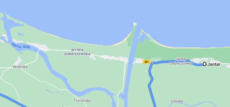 Mapa dojazdu do miejscowości Jantar, z zaznaczoną trasą od drogi 501 przez Leśniczówkę.