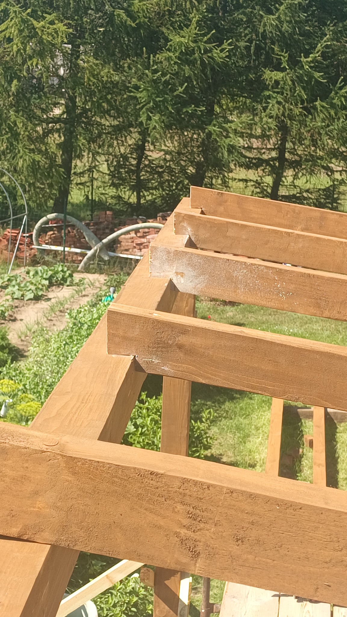 Drewniana konstrukcja dachu w trakcie budowy, widoczne krokwie i elementy więźby, w tle zieleń ogrodu i drzewa.