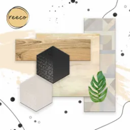 Moodboard z próbkami materiałów wykończeniowych: drewnopodobna płytka, heksagonalne płytki z wzorem, płytka z geometrycznym deseniem i zielony liść na białym tle z abstrakcyjnymi elementami...