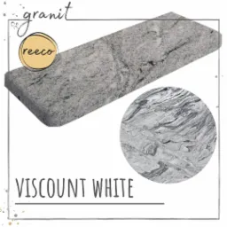 Parapet z konglomeratu Viscount White z widoczną strukturą kamienia i logo producenta Reeco.