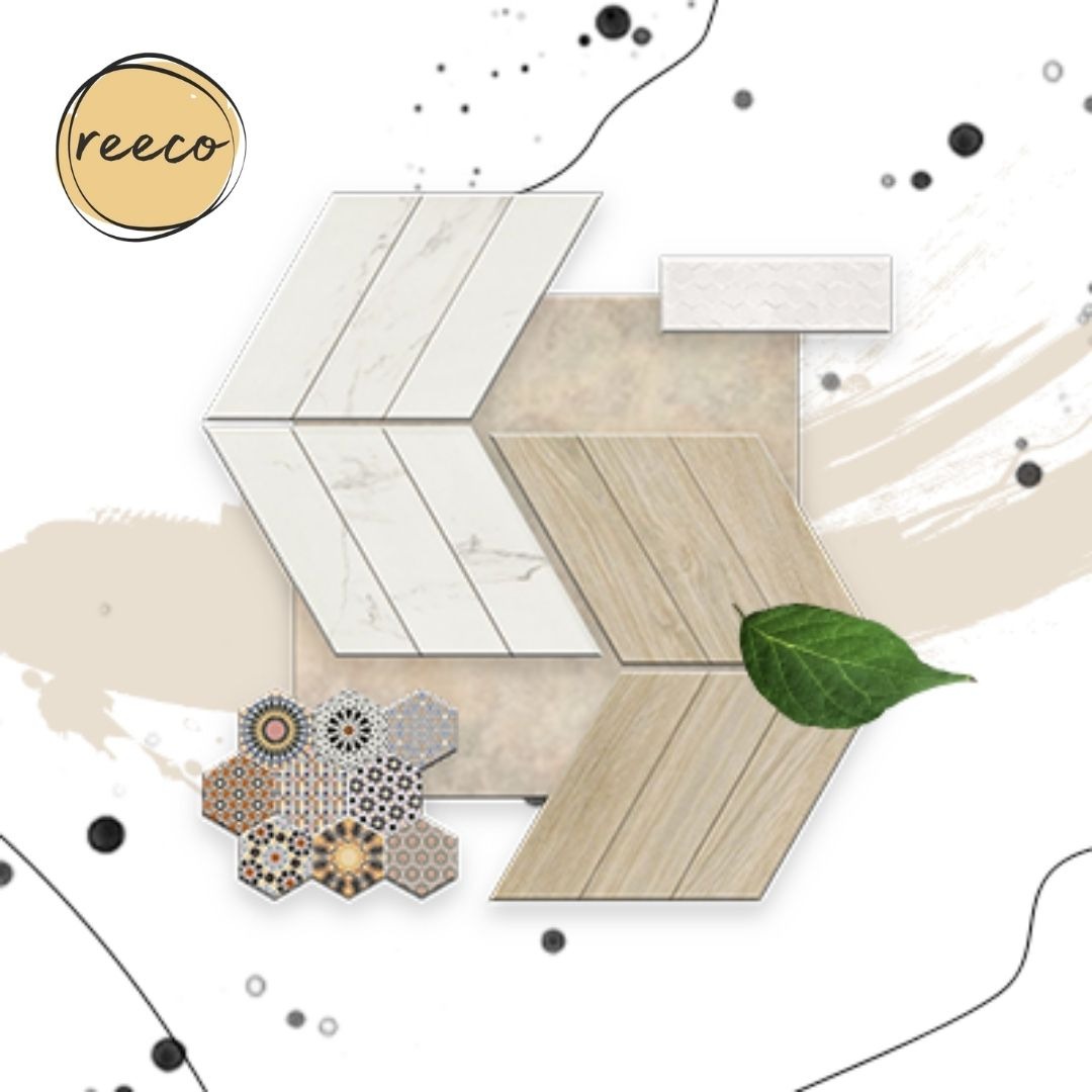 Kompozycja płytek: białe marmurowe, drewnopodobne, mozaika heksagonalna i biała strukturalna, uzupełniona zielonym liściem na beżowym tle z abstrakcyjnymi elementami graficznymi.