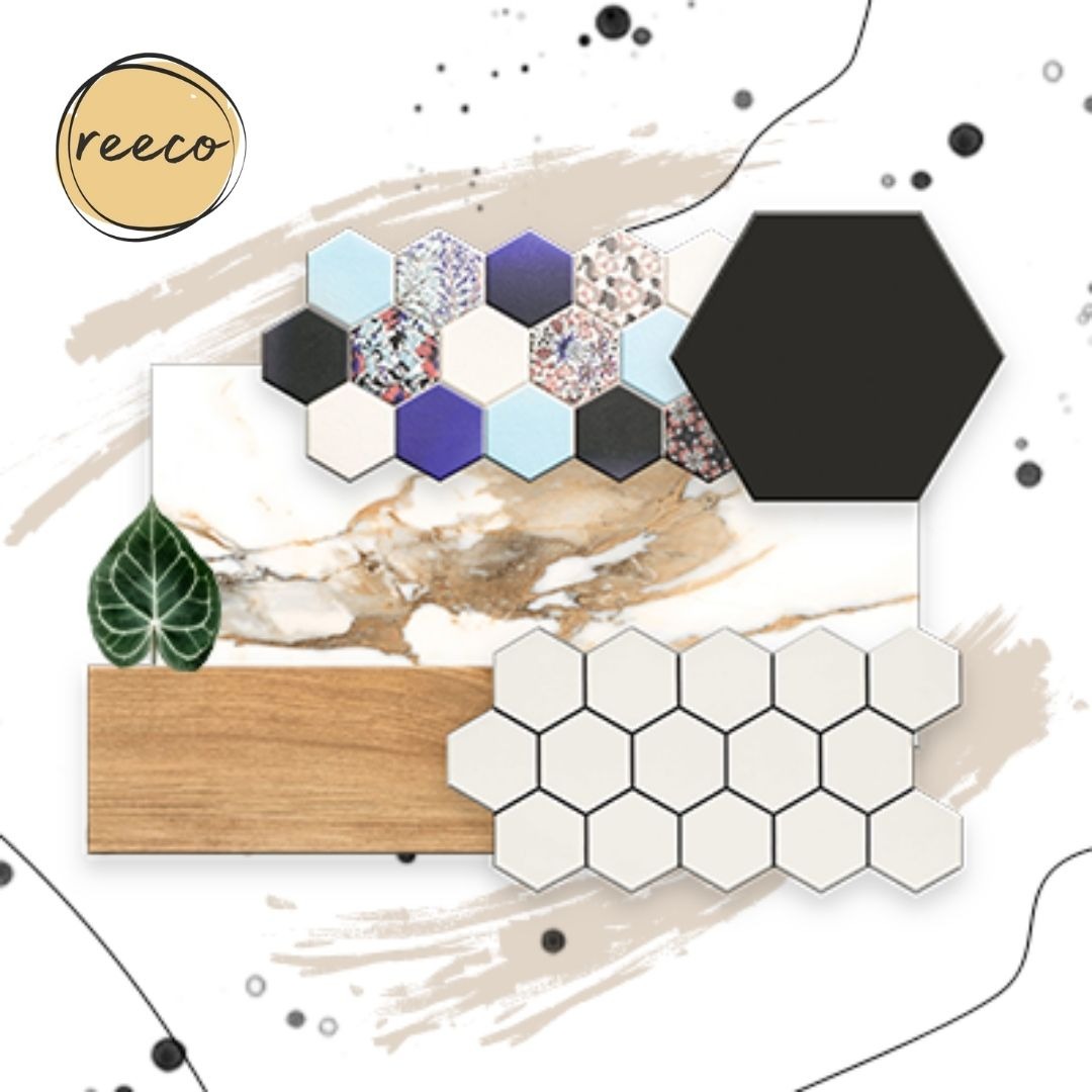 Kompozycja próbek materiałów wykończeniowych: marmur, drewno, heksagonalne płytki w różnych kolorach i wzorach, z logotypem firmy w rogu.