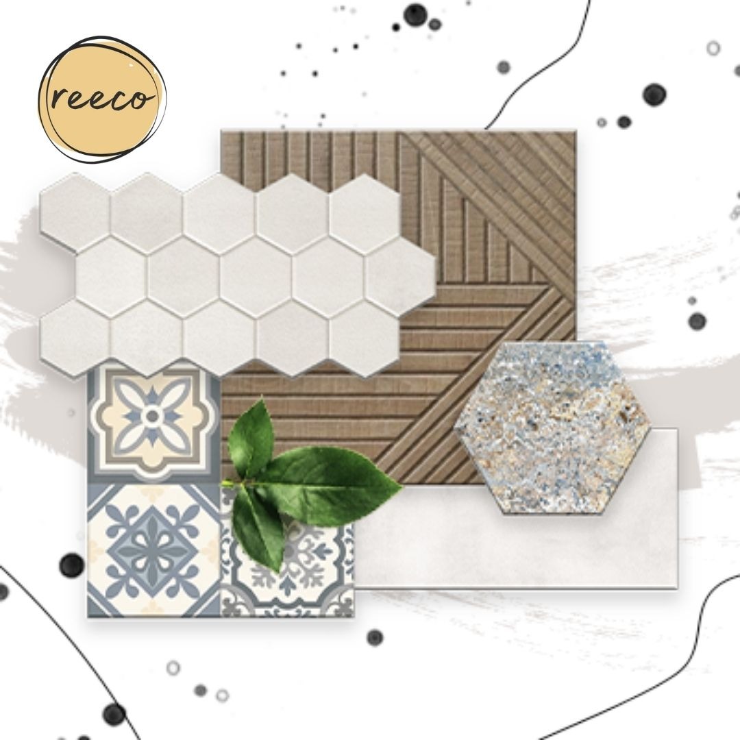 Kompozycja płytek podłogowych i ściennych: heksagonalne białe, wzorzyste szaro-niebieskie, imitacja drewna i lastryko, uzupełniona zielonymi listkami na białym tle z abstrakcyjnymi elementami...