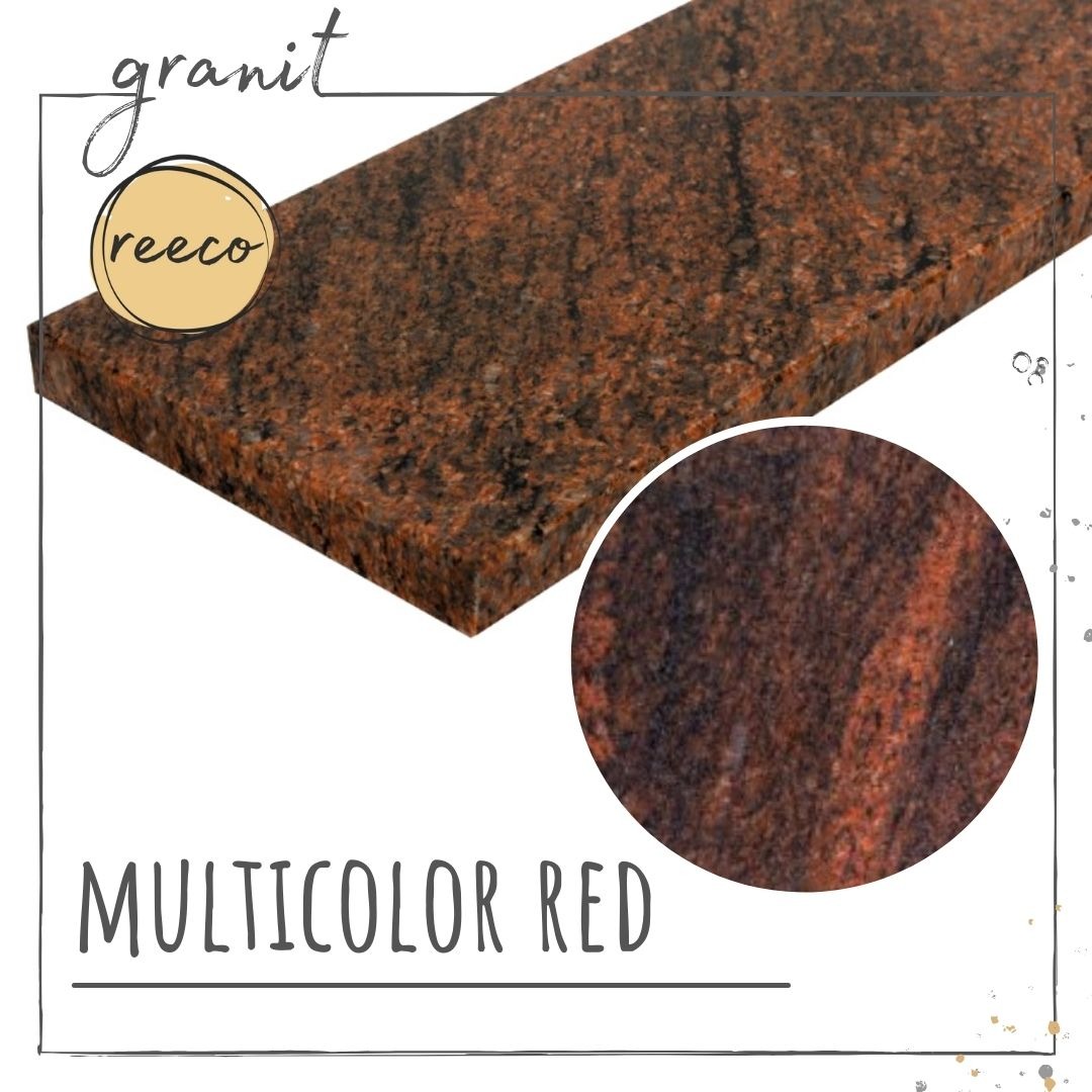 Przekrój próbki parapetu z konglomeratu w odcieniach czerwieni i brązu, z widoczną strukturą kamienia i logo producenta.
