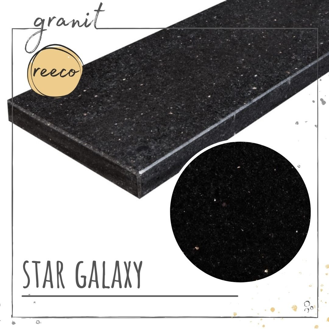 Czarny parapet z konglomeratu Star Galaxy z bliska, widoczny przekrój i polerowana powierzchnia, z elementami graficznymi i logo firmy.