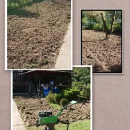 Fotokolaż przedstawiający przygotowanie ziemi pod uprawę: spulchniona gleba na działce, ziemia wokół pnia drzewa, zielony glebogryzarka na trawie obok świeżo przekopanej rabaty.