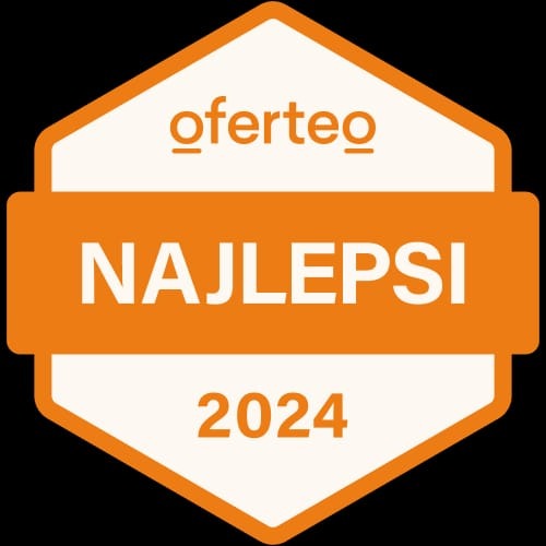 Pomarańczowo-biała odznaka Oferteo 'Najlepsi 2024' na czarnym tle.