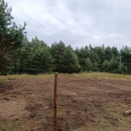 Przygotowany teren pod uprawę, ogrodzony drewnianym płotem z drutem, widoczne ślady po maszynach rolniczych i powalonych drzewach, w tle las iglasty pod pochmurnym niebem.