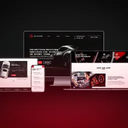 Prezentacja responsywnej strony internetowej MG Motors na monitorze, laptopie, tablecie i smartfonie, ukazująca formularz rezerwacji, ofertę usług i dane kontaktowe.