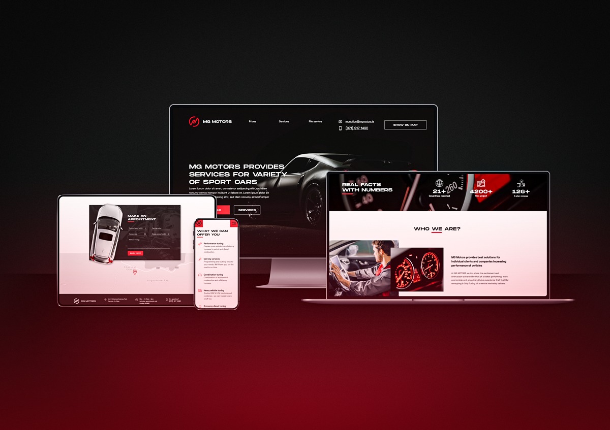Prezentacja responsywnej strony internetowej MG Motors na monitorze, laptopie, tablecie i smartfonie, ukazująca formularz rezerwacji, ofertę usług i dane kontaktowe.